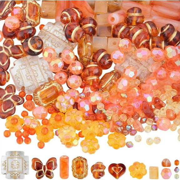292Pcs Assorted Acrylic Beads Orange Faceted Plastic Bead Bulk Transparent Round Flower Heart Column Butterfly Shape Rondelle Loose Spacer Beads for Necklaces Earrings Jewelry Making Crafts
