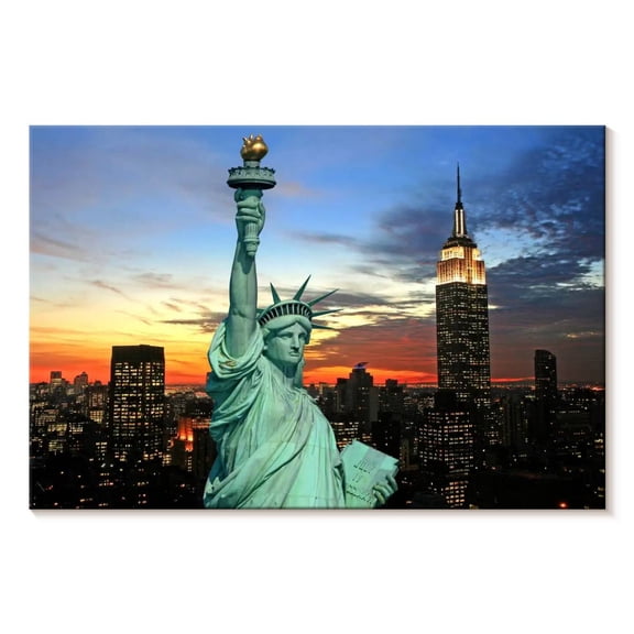 Elephant Stock Statue Of Liberty And Skyline Wall Art - Horizontal Canvas Wall Art - Living Room Wall Decor - Places Canvas - Black And Blue Decor - 12" x 8"