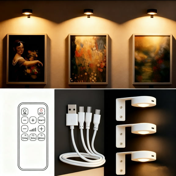 NEWJOEY 3 Pack Rechargeable Magnetic LED Picture Lights for Wall – Dimmable White (3000K/4500K/6000K) with Remote | USB Type-C Rechargeable Art / Frame Lighting