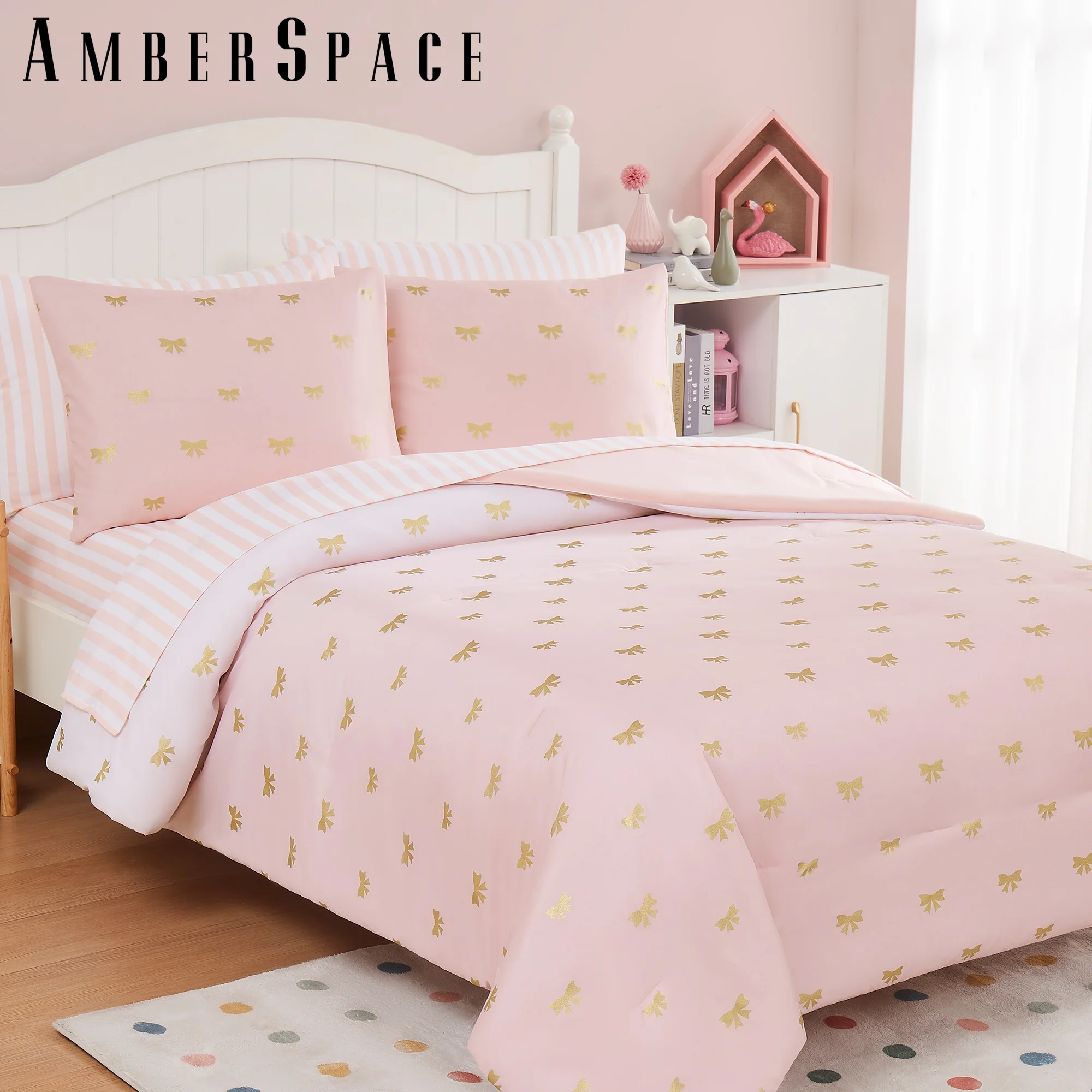 Amberspace gold foil Design 7-piece Bed in a Bag Comforter Set with Sheets,Pink/Bow Knot,Full