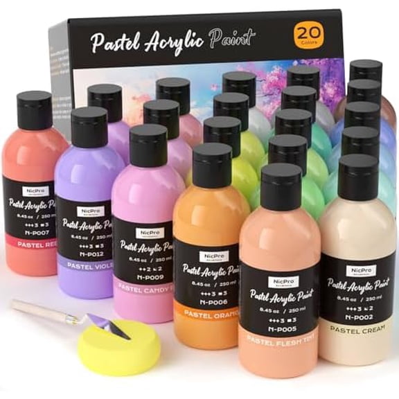 20 Colors Pastel Acrylic Paint Set (8.45 oz, 250 ml), Large Bulk Pastel Acrylic Paint, Non Toxic Art Painting Supplies for Canvas, Rock, Wood, Fabric, Ceramic, Craft, with Knife Color Wheel