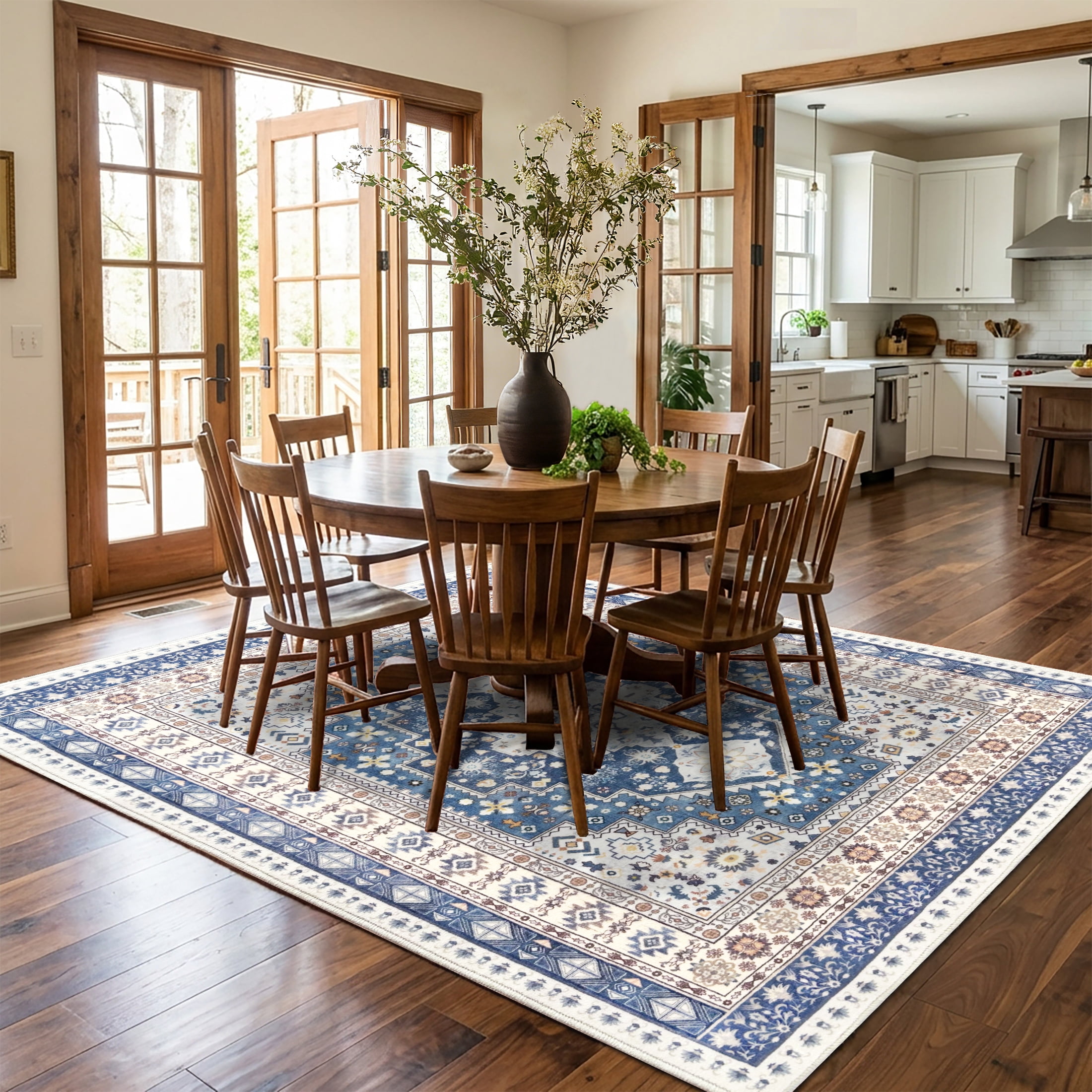 ARJINCUTE Vintage Distressed Bohemian Blue Large Area Rug 8' x 10' Non-Slip Washable Low Pile Floor Mat for Living Room, Family Room, Large Bedroom