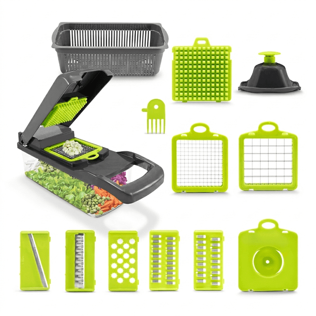 Cortador de Frutas y Verduras 14 pzs de ACero Inoxidable y Plastico, Rebanador de Vegetales para Cocina Tazon 1.5L