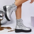 thumbnail image 6 of Juebong Womens Sequin Sparkle Lace-Up Combat Boots Chunky Low Heel Lug Sole Ankle Boots Glitter Short Booties Silver,40, 6 of 8