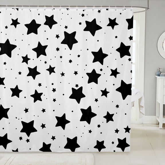Manfei Cartoon Stars Shower Curtain 72Wx72L,Kawaii Polka Dot Bathroom Curtain,White Black