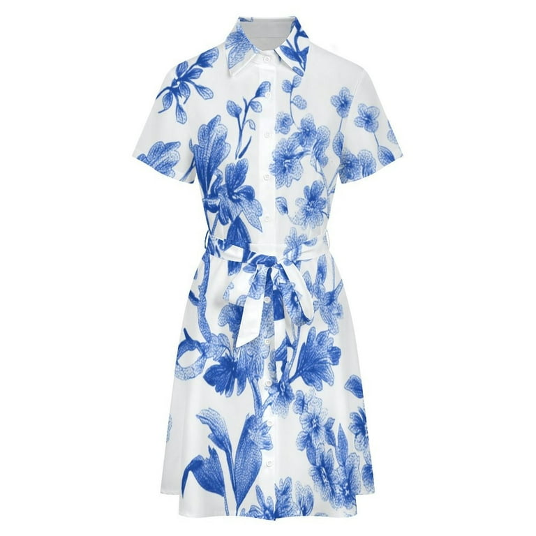 Toile De Jouy Blue And White Womens Shirt Dresses Women'S Short Sleeve Dress  Turn-Down Collar Dress A Line Casuall Dress Oversize(XS-6XL) - Walmart.com