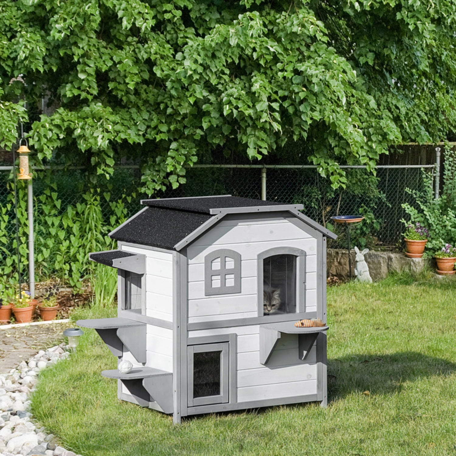 PawHut 2-story House Outdoor, Weatherproof Wooden Cat Enclosure for Feral Cats with Escape Door, Openable Roof, Jumping Platforms