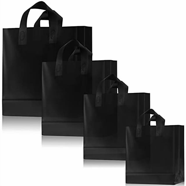 Bolsas de regalo Weewooday de plástico esmerilado, 100 unidades con asas (negras)