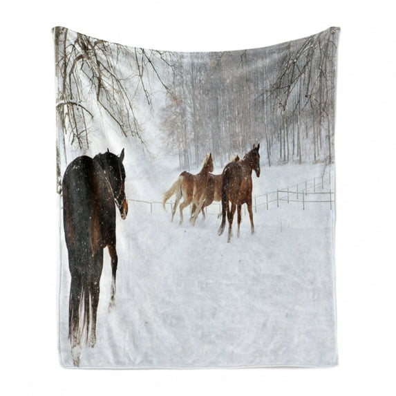 Winter Soft Flannel Fleece Throw Blanket, Horses in the Snow Playing Having Fun in the Forest Seasonal Animal Photography, Cozy Plush for Indoor and Outdoor Use, 50" x 70", Brown White, by Ambesonne