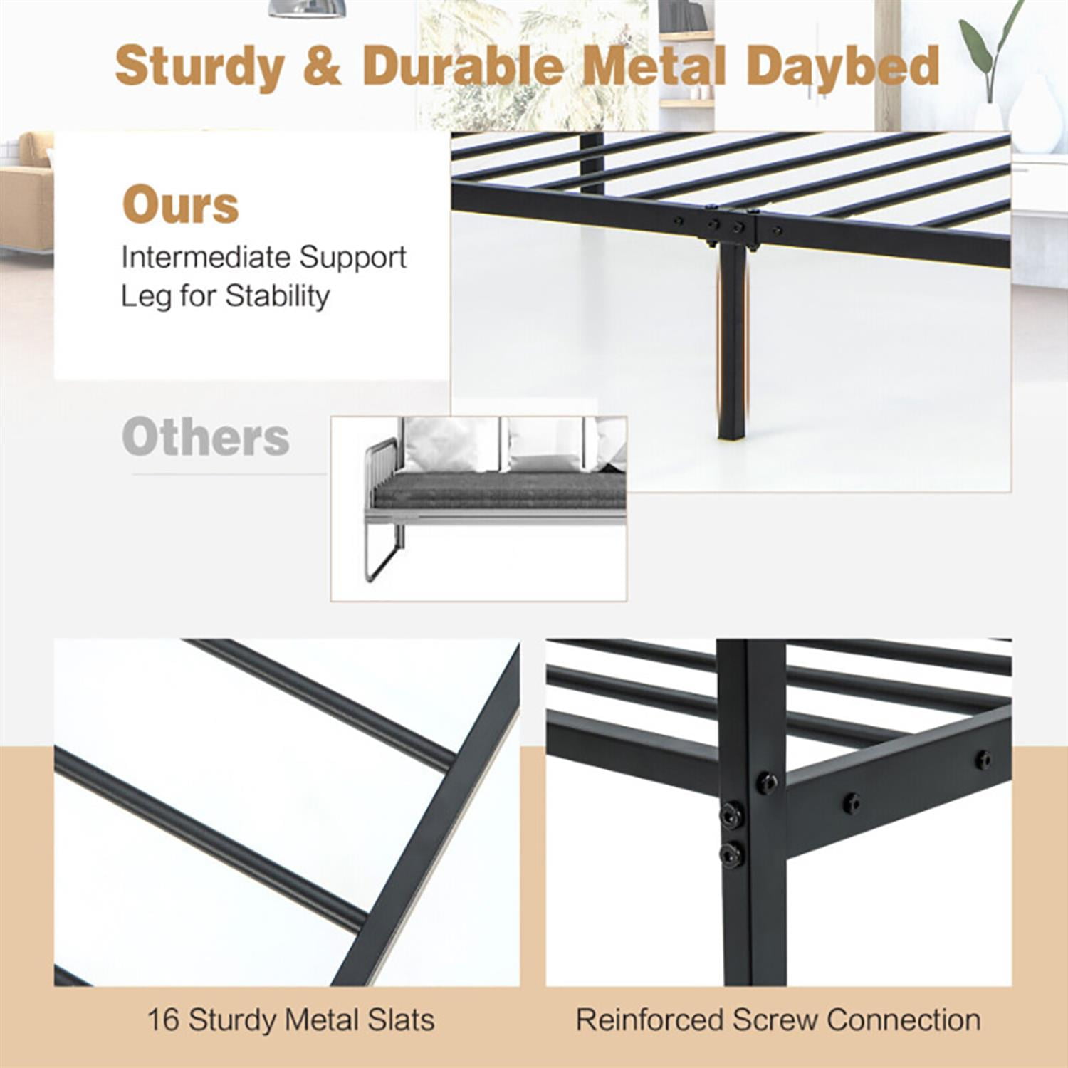 Demi Bonn Twin Size Metal Daybed Frame for Living Room Bedroom, Modern Bed Frame for Teens, Black