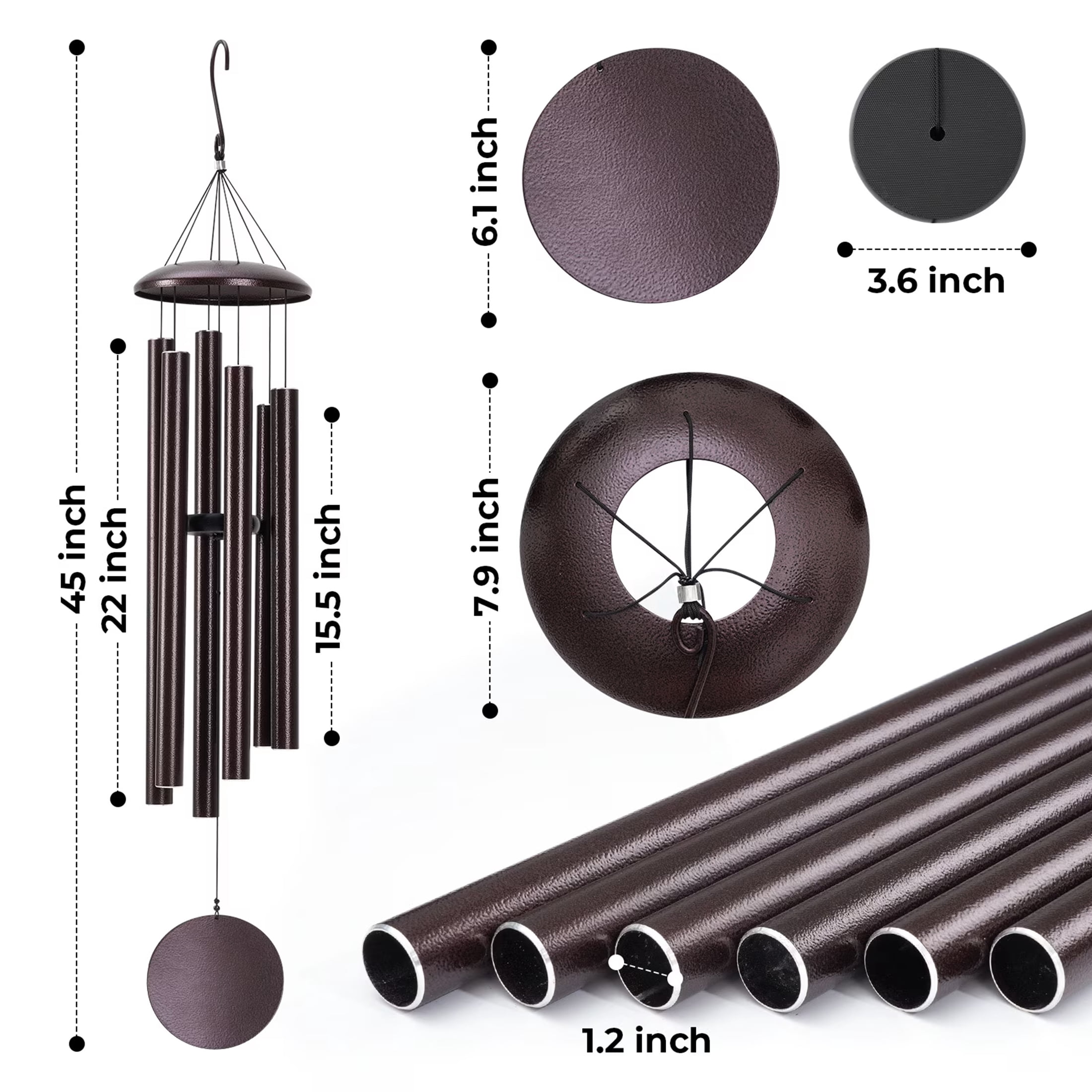 BSHAPPLUS® 45" Memorial Wind Chimes for Outside, Heavy Duty Metal Brown Chimes with 6 Large Deep Tone Aluminum Tubes for Loss of Loved One,Home Garden Hanging Decor