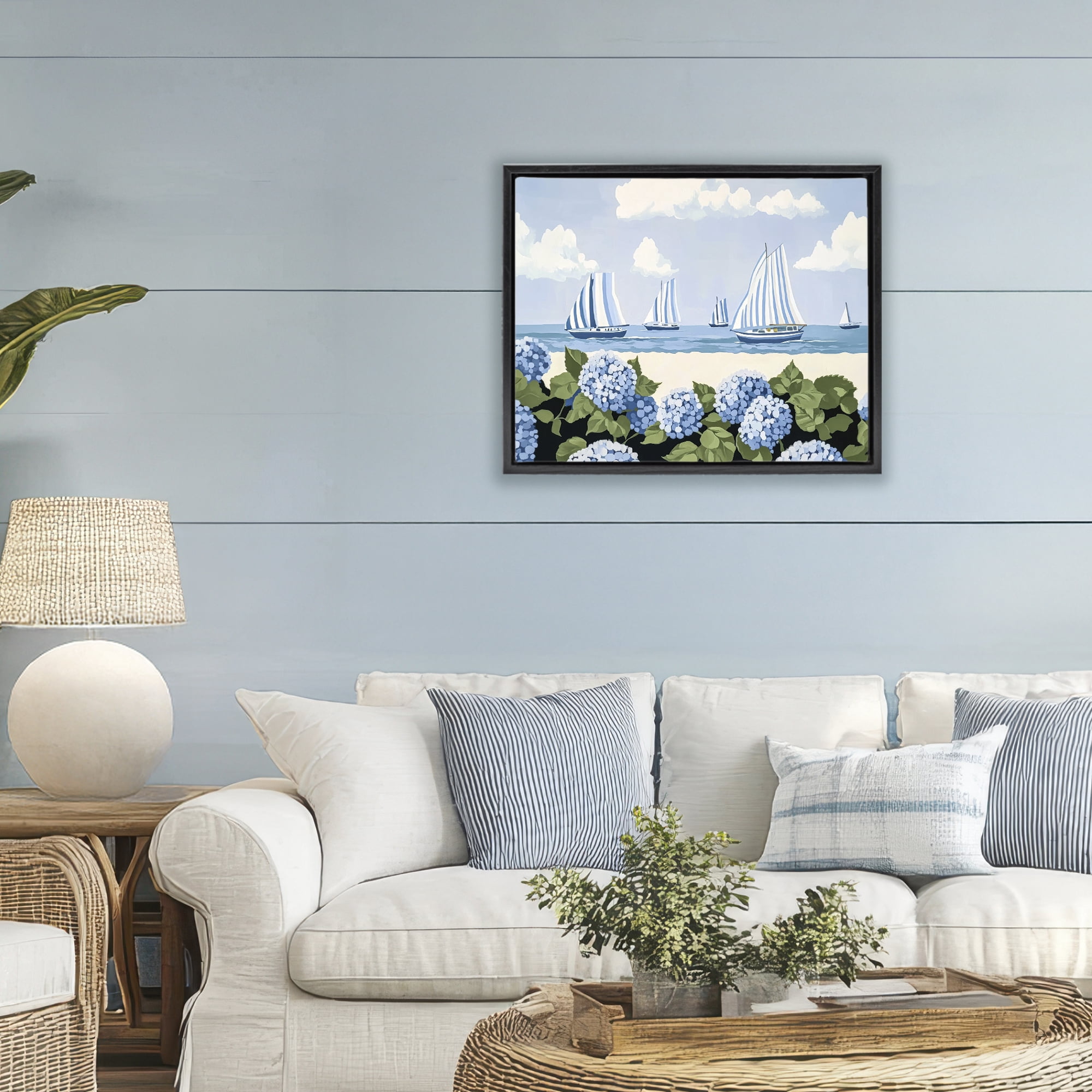 Stupell Industries Striped Sails & Seaside Hydrangeas Black Framed Floater Canvas Wall Art, design by Sisi and Seb