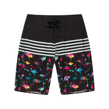 Men's Spandex Hawaiian Beach Board Shorts with Zipped Pocket in Flamingo Party in Black 40