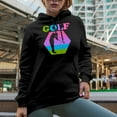 thumbnail image 2 of Distressed Golf Word with Different Colors & Golf Player, Golfing or Golfer Themed Merch Gift, Black Hooded Sweatshirt or Hoodie, Small, 2 of 5