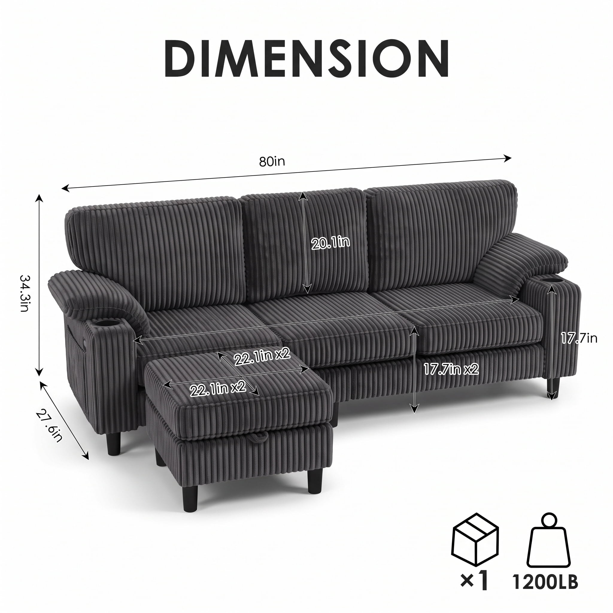 Xiweot 80" L Shaped Sectional Sofa, 3 Seater Convertible Couch with Storage Ottoman, Charging Ports & Cup Holders, Corduroy Comfy Upholstered Sofa for Living Room Apartment, Dark Gray