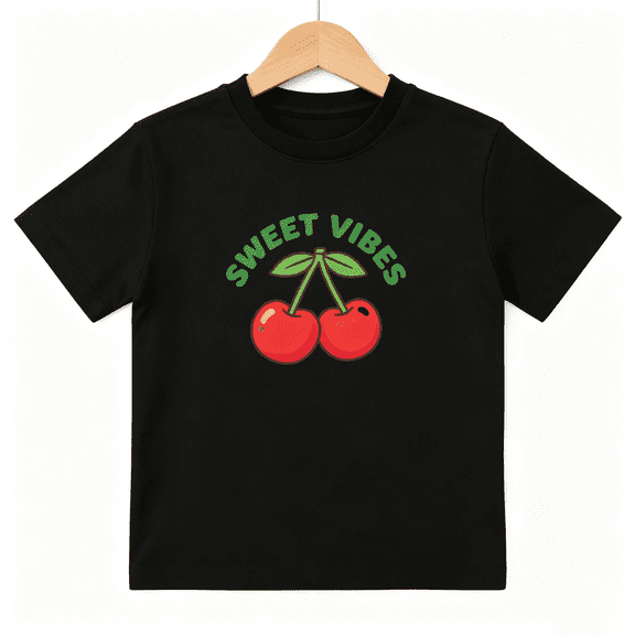 Sweet Vibes Cherries Girls Graphic Tee, Cute Retro Fruit 100% Cotton Kids Short Sleeve T-Shirt 4-13Y