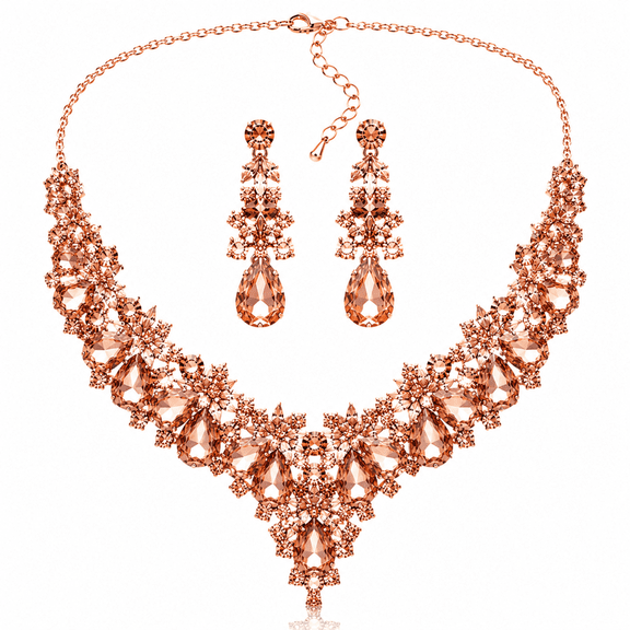 Exclusive Stephen Felix Joseph Collection Rose Gold Crystal Statement Necklace and Earring set.