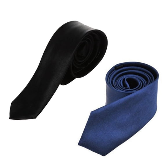 Polyester Narrow Neck Tie Skinny Solid Dark Blue Thin Necktie for Men (2 inch Max Width) & Black Polyester Skinny Necktie Necktie 57 inch for Men
