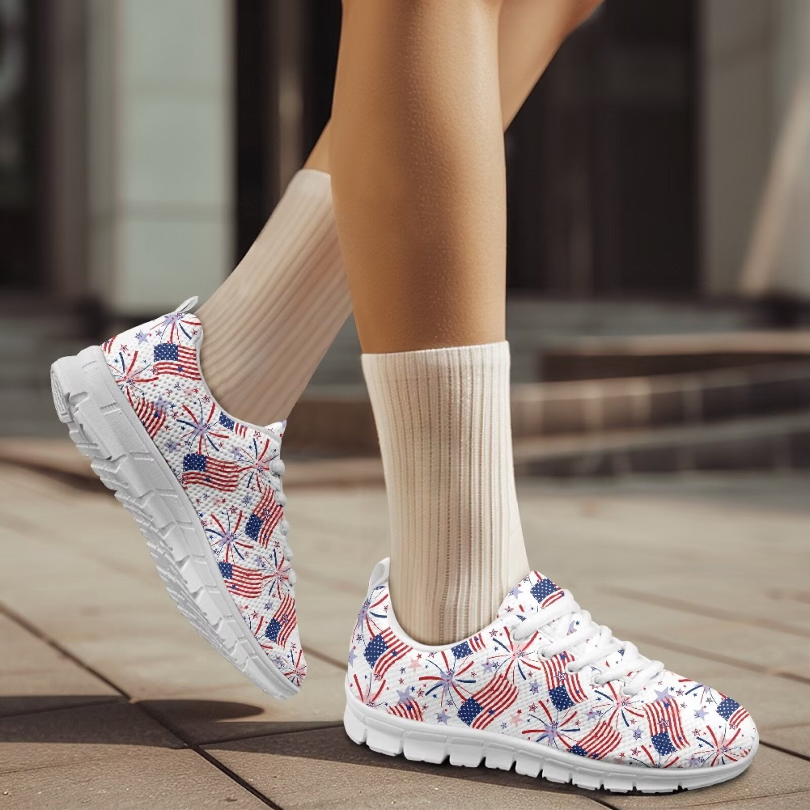 COEQINE Women Running Shoes Lace-up White Sole Girls Sneakers Soft Breathable Mesh Training Athletic Footwear Men Tennis Shoes for July Fourth, American Flag Star Fireworks