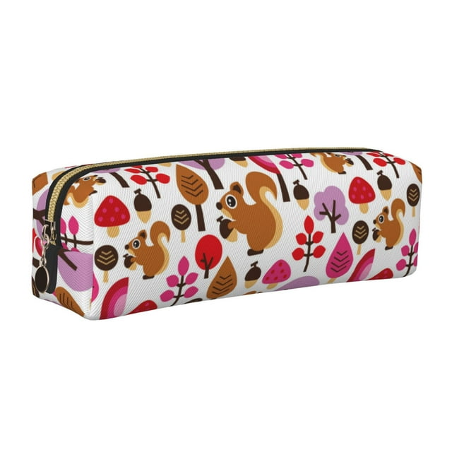 Vsdgher Squirrel In The Forest Print Leather Pencil Case, Makeup Pouch, Zipper Pouch for Daily Essentials, Storage Organizer, Cosmetics and Stationary Bag