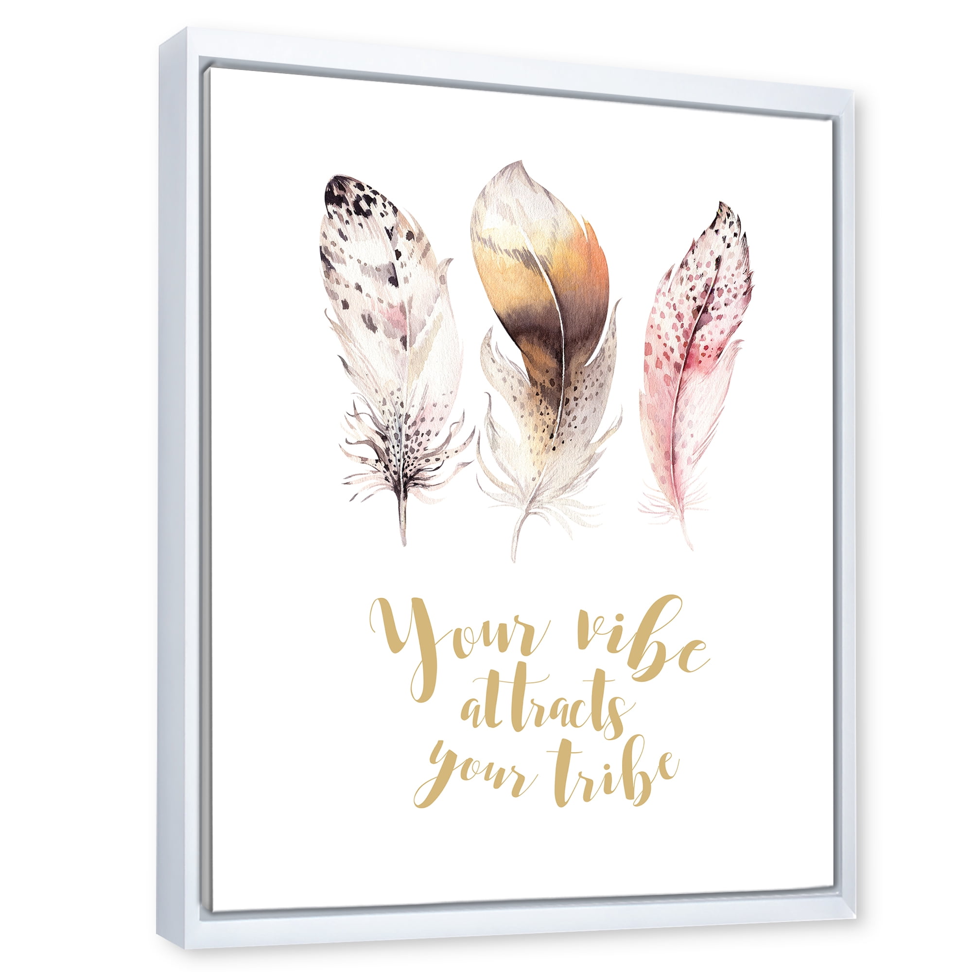 Your Vibe Attracts Your Tribe Ethnic Feathers I 16 in x 32 in Framed Painting Canvas Art Print, by Designart