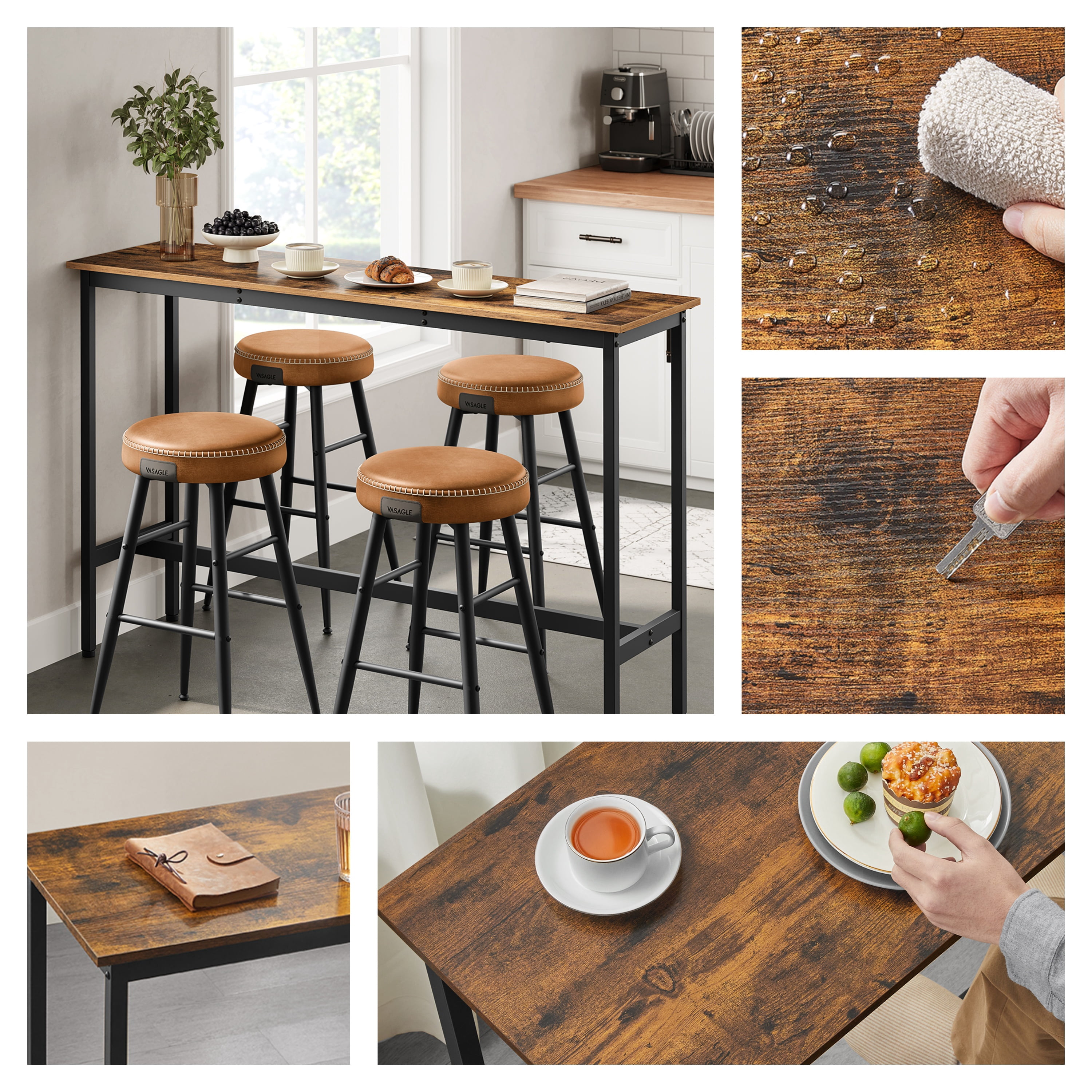 LEDREM Industrial Narrow Bar Table - 55.1" Long Kitchen Dining Table with Metal Frame & Adjustable Feet, Space-Saving Design, Rustic Brown and Black
