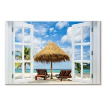Elephant Stock Window To Paradise Beach Wall Art - Horizontal Canvas Wall Art - Living Room Wall Decor - Beach Canvas - White And Green Decor - 39" x 26"