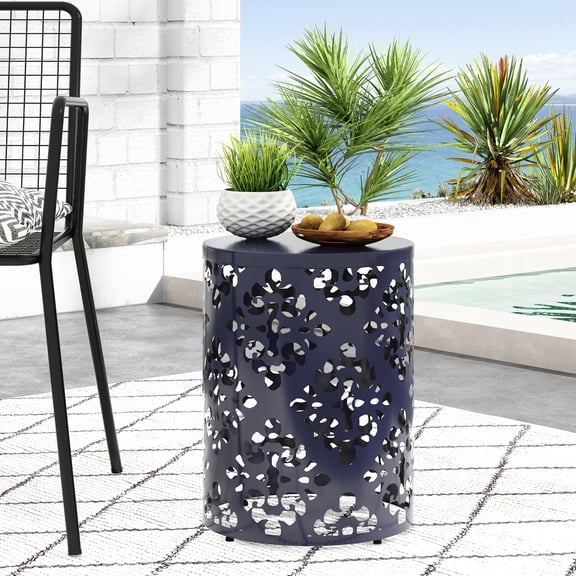 Outdoor Metal End Table - Large, Navy Blue, Charming Iron Cut Feature, 13.75”w X 13.75”d 18.00”h, No Assembly Required Markedly Big Size, Decoration, Truly