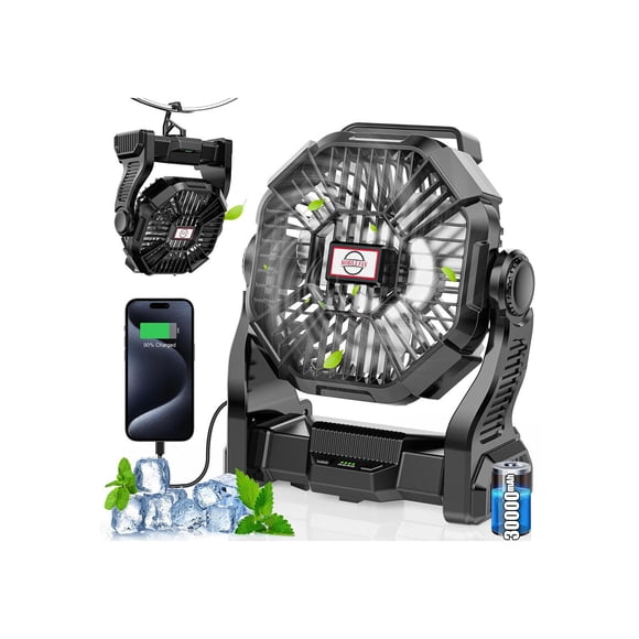 Ventilador de camping con linterna LED recargable de 3000 mAh, color negro