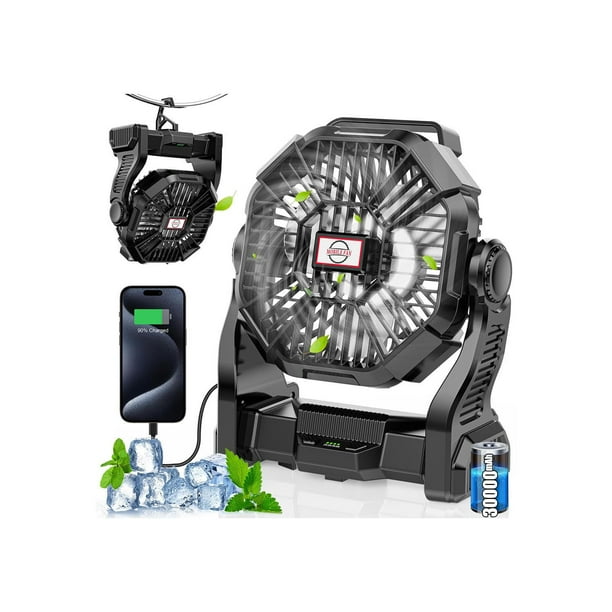 Ventilador de camping con linterna LED recargable de 3000 mAh, color negro