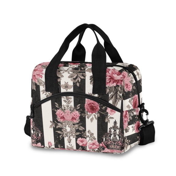 DIXRUYEE Lunch Bag Double Deck Lunch Tote Bag Fashion Black White Stripes Pink Roses Printed