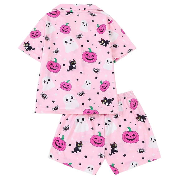 FYDUU Halloween Girls Pajamas Short Sleeve Shorts 2Pcs Pajama Sets Kids Button Down Sleepwear Loungewear Clothes Set 7 Years