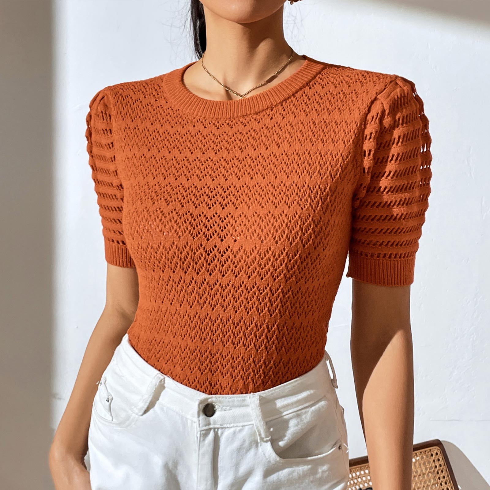 Hfyihgf Women's Puff Short Sleeve Sweater Tops Crew Neck Trendy Hollow Out  Crochet Knit Soft Pullover Shirts(Orange,XL)
