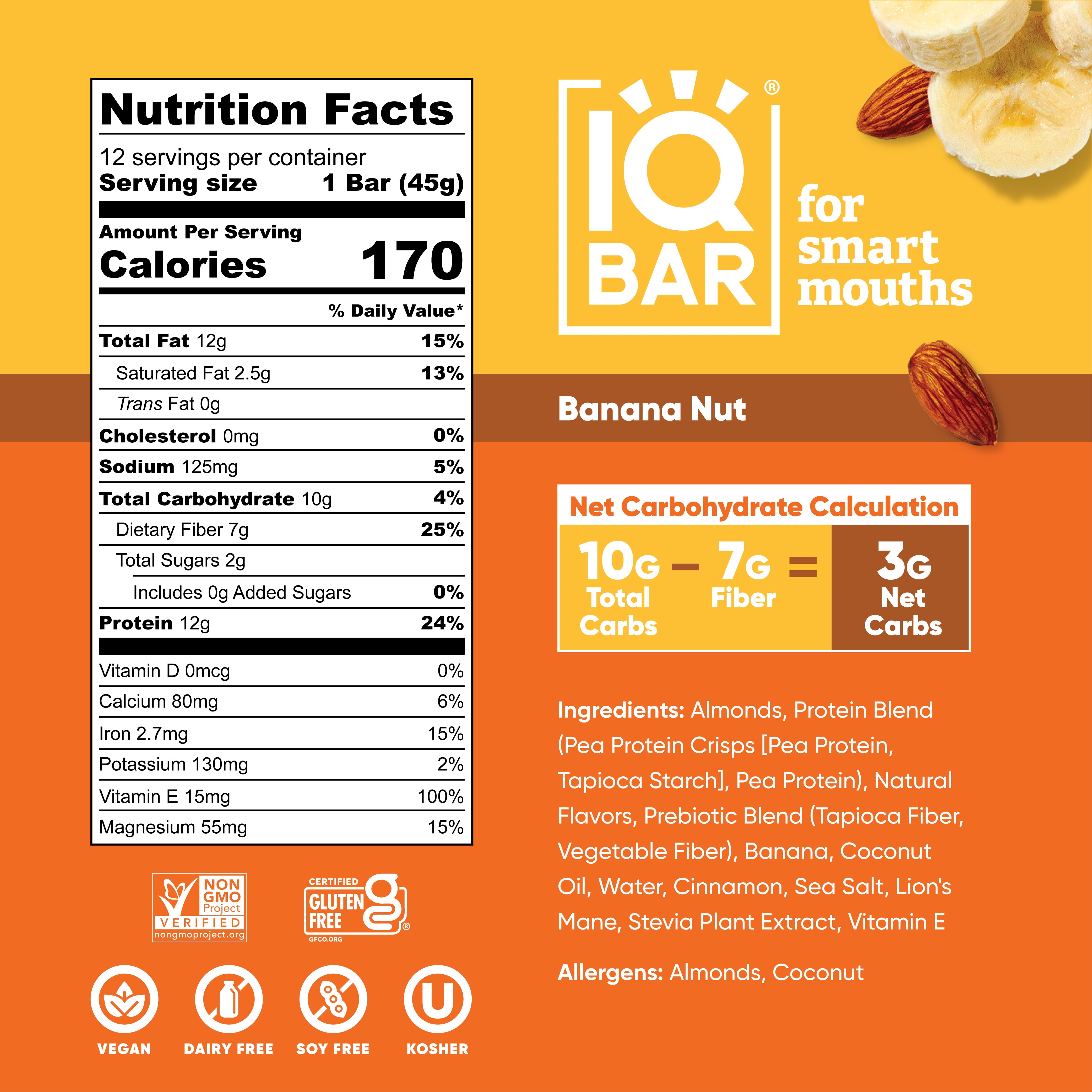IQBAR Clean Plant Protein Bars - Banana Nut - 12 Count - Keto, Vegan, High Fiber, Gluten and Dairy Free, Low Sugar Snack