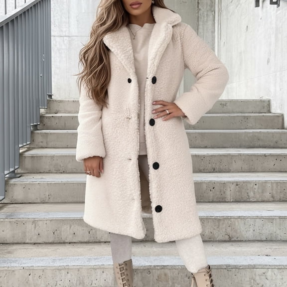 FAOWME Women's Fuzzy Coat Long Sleeve Lapel Solid Color Buttons Comfortable Thickened Warm Jacket For Autumn Winter Daily Wear Beige L