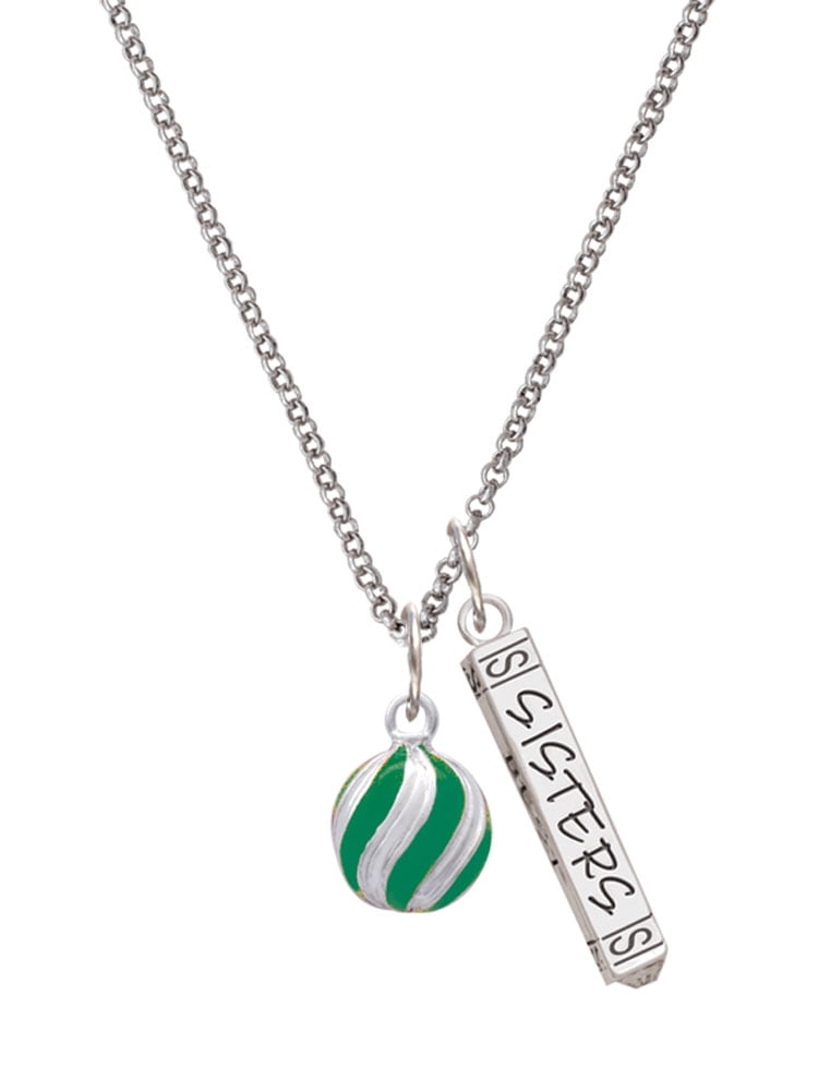 Delight Jewelry Silvertone 3-D Green Striped Ornament Silvertone Sisters Best Friends Forever Bar Charm Necklace, 23"
