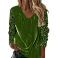 thumbnail image 1 of T-shirts pour Femmes Imprimé Col en V Manches Longues Blouse Tops Automne Femmes Tendance Vert Armée m, 1 of 4