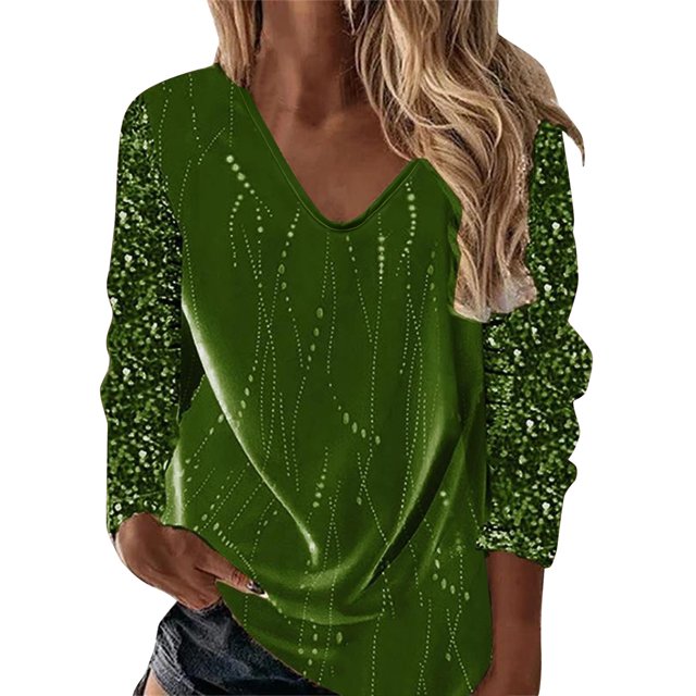 T-shirts pour Femmes Imprimé Col en V Manches Longues Blouse Tops Automne Femmes Tendance Vert Armée m
