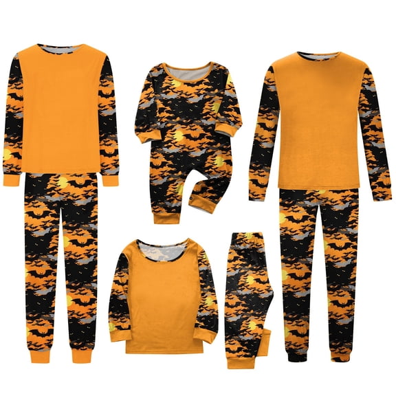 Onlypjs Matching Family Halloween Pajamas Orange Spooky Bat Camo Sleepwear Pjs Sets Haunted Castle Loungewear for Adults Women Men Couples 2 Piece