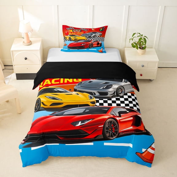 Castle Fairy Cartoon Racing Car Twin Bedding for Boys, Race Flag Print Duvet Cover Set for Bedroom, Blue Red,Black Reversible,2pcs,No Comforter