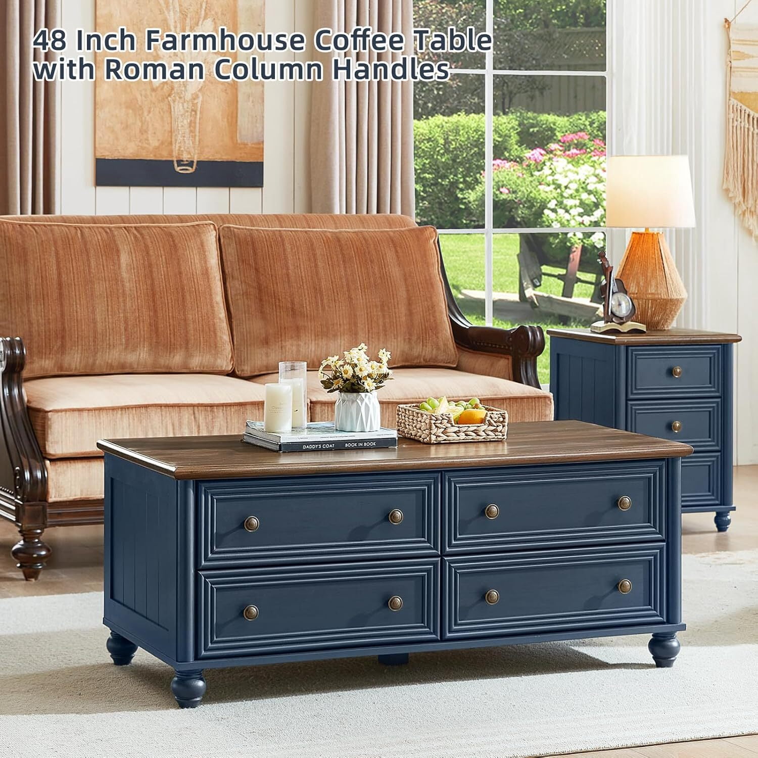 Leyaoyao 48" Farmhouse Coffee Table with Hidden Storage, 4 Drawers &Roman Column Knobs,Rustic Center Table with Wood Curved Legs for Living Room,Blue