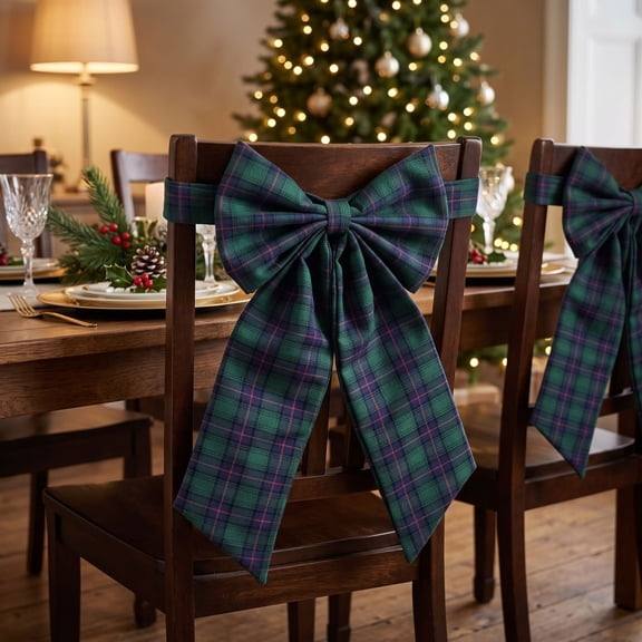 Fmbmuo Christmas Chair Bows Decorations 27 x 11 Inch, Green Tartan Bow Vintage Plaid Chairs Back Covers, Classic Chair Sashes for Xmas Party Banquet Decor