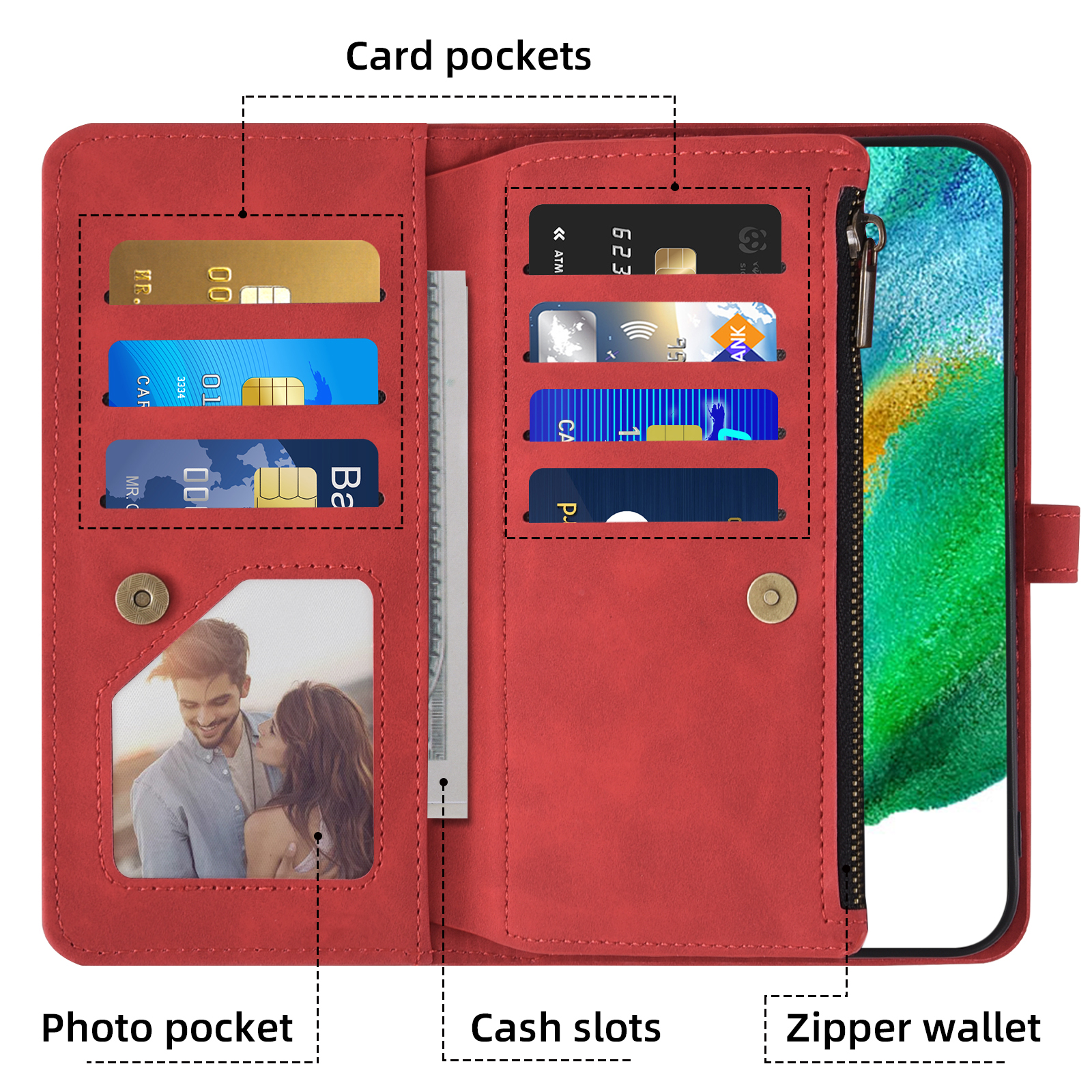 Asuwish Phone Case for Samsung Galaxy S21 FE 5G Wallet Cover With Tempered Glass Screen Protector Wrist Strap Flip Pattern Zipper Credit Card Holder Cell S 21 EF S21FE5G UW S21FE 21S G5 6.4 inch Red
