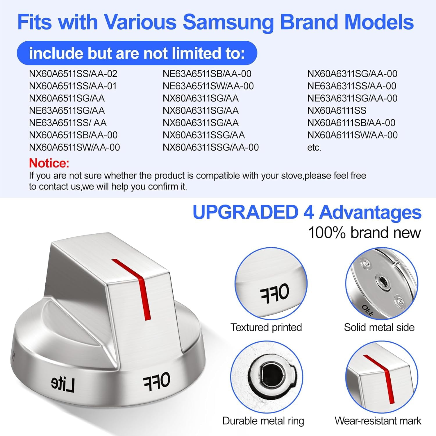 DG94-04167 Upgraded Stove Knobs Replacement, DG94-04167A Compatible with Samsung Gas Range Oven NX60A6111SS NX60A6311SS, Silver