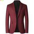 thumbnail image 2 of Chaqueta de traje de un solo pecho con cuello en V para hombre, abrigos de vestir ajustados de moda, blazers azules, grises y amarillos, blusas casuales para hombre, talla asiática, 2 of 5