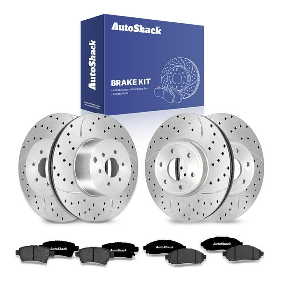 AutoShack Front Vented & Rear Vented Drilled & Slotted Silver Zinc Coated Brake Rotors   Ceramic Pads 12-PC Brake Kit Replacement for 2005-2012 Nissan Pathfinder SilverShield Pro