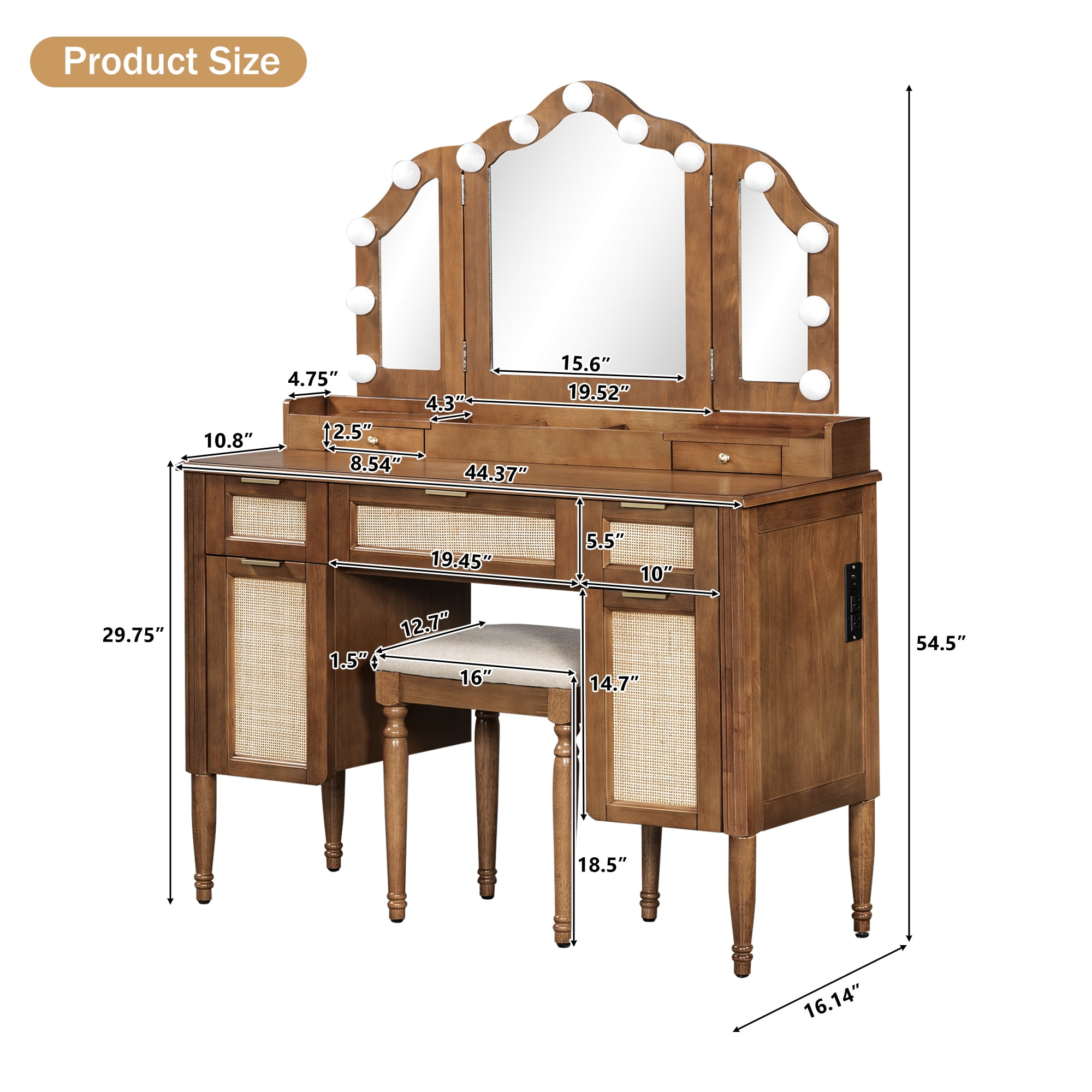 Aukfa Luxury Makeup Vanity Set with Tri-Fold Mirror & Lights, Large Vanity Desk with 5 Drawers, Tool and Built-In Outlets,Espresso