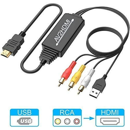 RCA to HDMI Converter Cable, AV to HDMI Adapter Cable Cord, 3RCA CVBS Composite Audio Video to 1080P HDMI Supporting PAL NTSC for PC Laptop TV STB VHS VCR Camera DVD