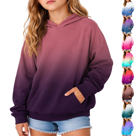 Resicozy Hoodies For Teen Girls Long Sleeve Gradient Color Cute Hoodie with Pocket Lightweight Y2k Comfy Oversized Hooded Sweatshirt 3-15 Years Dark Blue 150