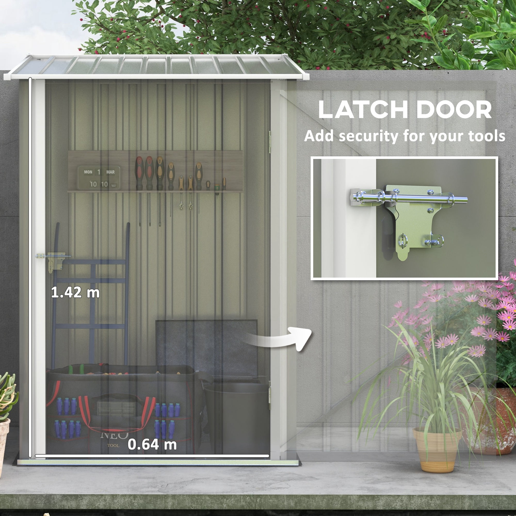 Outsunny 3.3' x 3.4' Lean-to Garden Storage Shed, Small Outdoor Galvanized Steel Tool House with Lockable Door for Patio, Backyard, Lawn, Gray